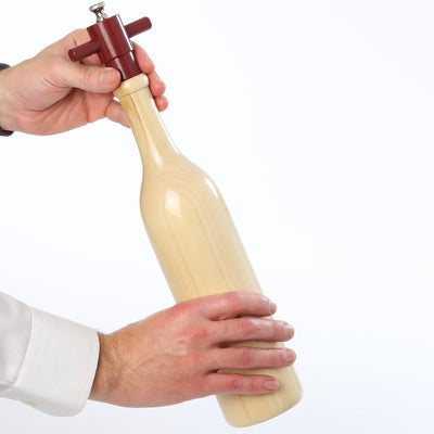 16005 14.5 Inch Wine Bottle Pepper Mill, Natural, Hand View