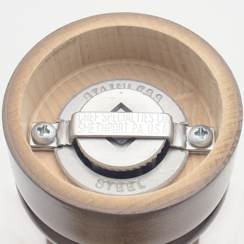 04100 Pepper Mill Bottom View, Stainless Steel Grinding Mechanism