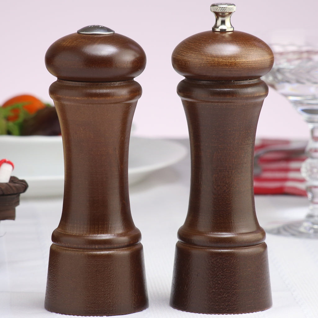 06100 6 Inch Elegance Pepper Mill & Shaker Set, Walnut, Table View