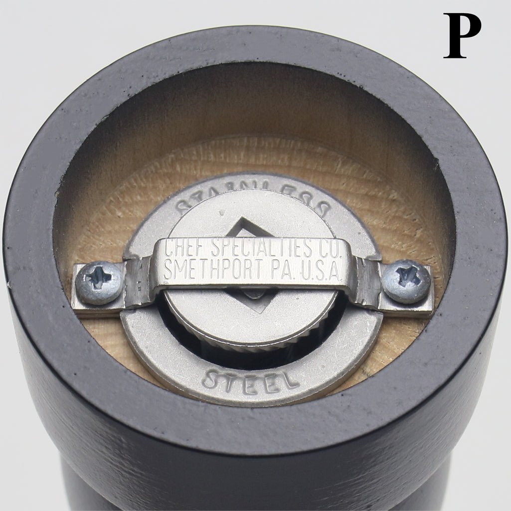 06307 Pepper Mill Bottom View, Stainless Steel Grinding Mechanism