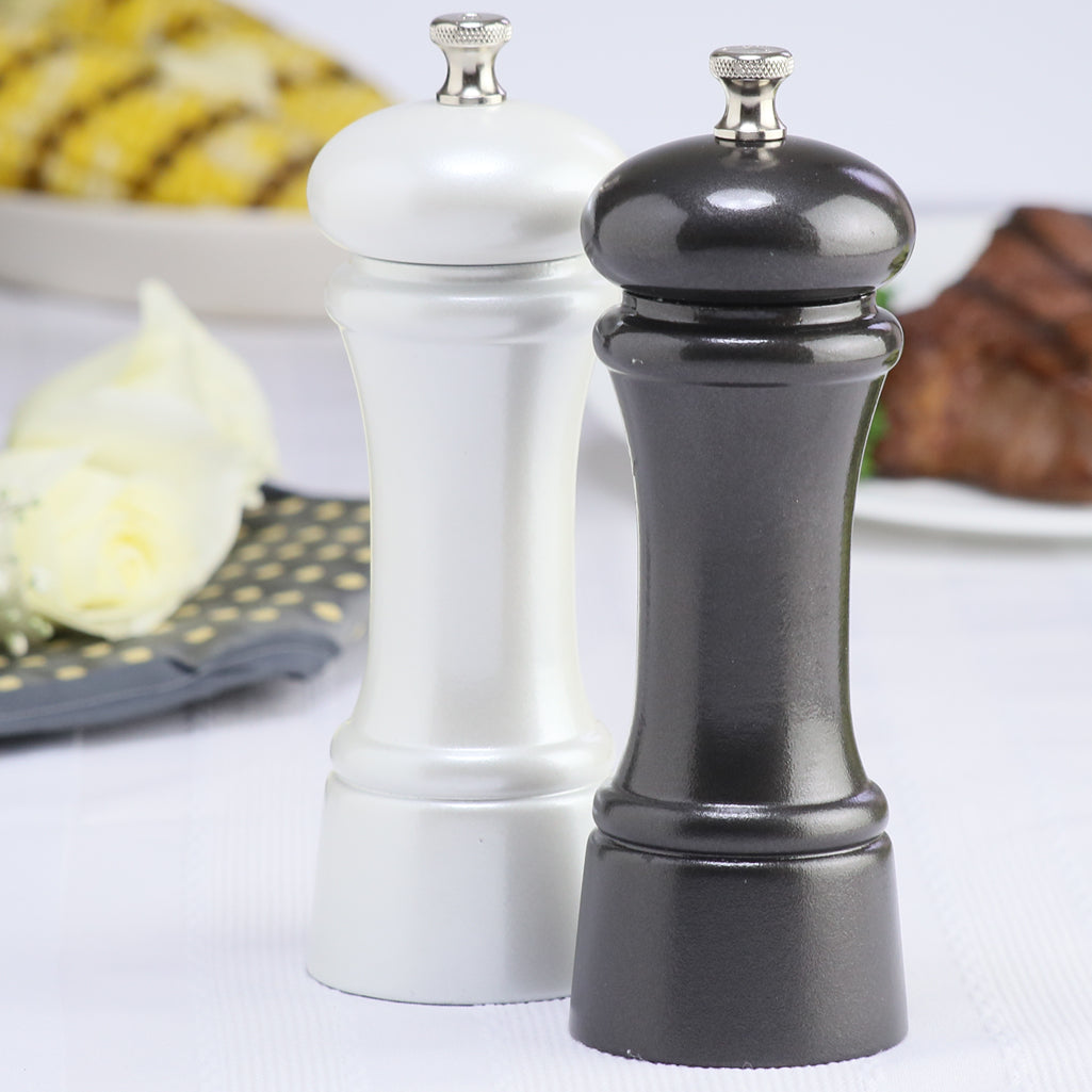 06902 6 Inch Elegance Pepper Mill & Salt Mill Set, Gunmetal + Pearl Metallic, Table View