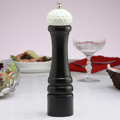 10510 10 Inch Pepper Mill with Black Finish and White Golf Ball Replica Resin Top, Table View