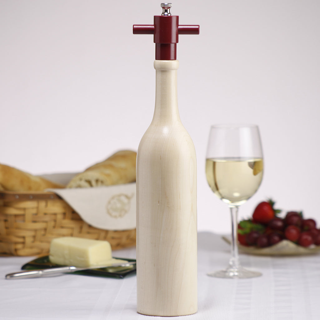 16005 14.5 Inch Wine Bottle Pepper Mill, Natural, Table View 