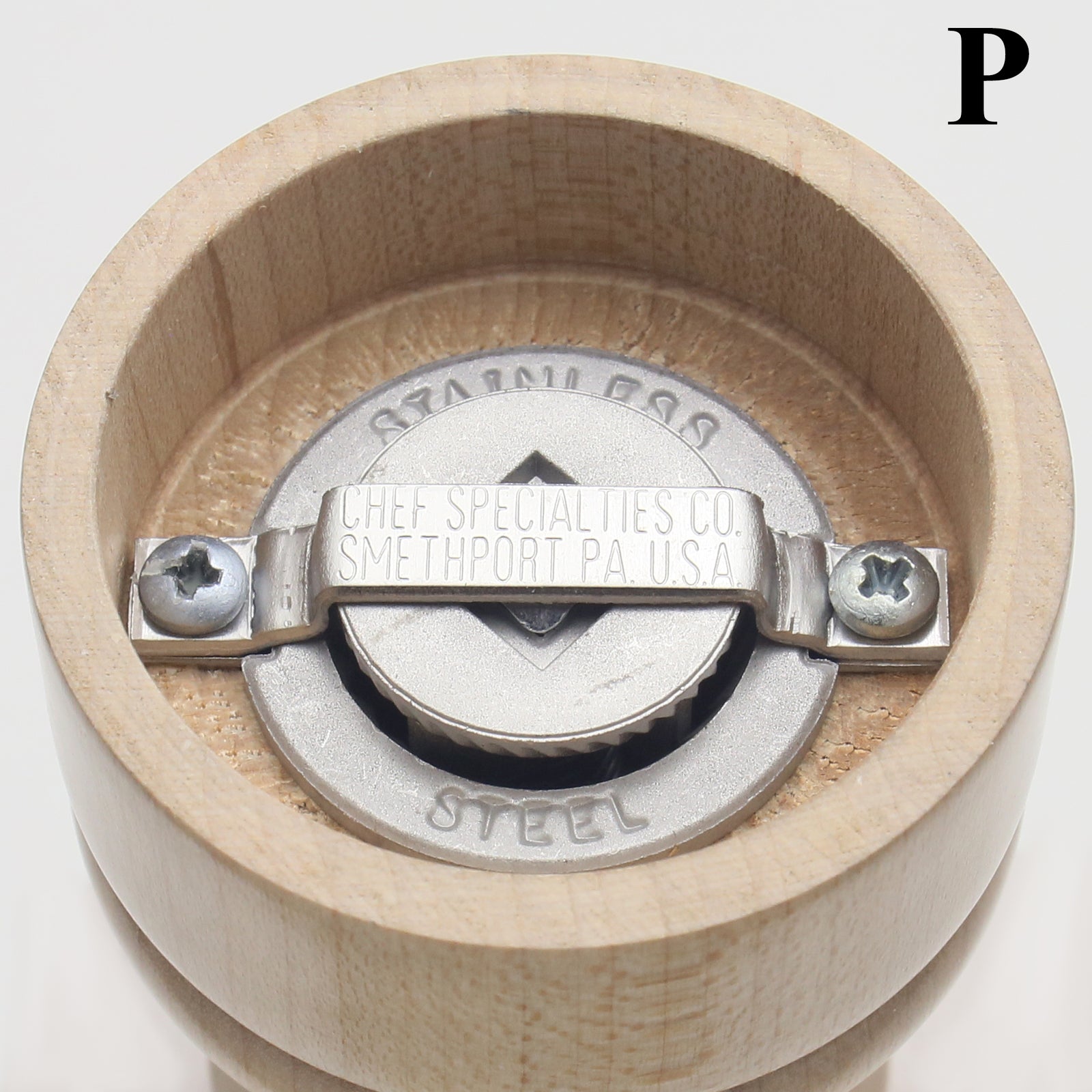 04302 Pepper Mill Bottom View, Stainless Steel Grinding Mechanism