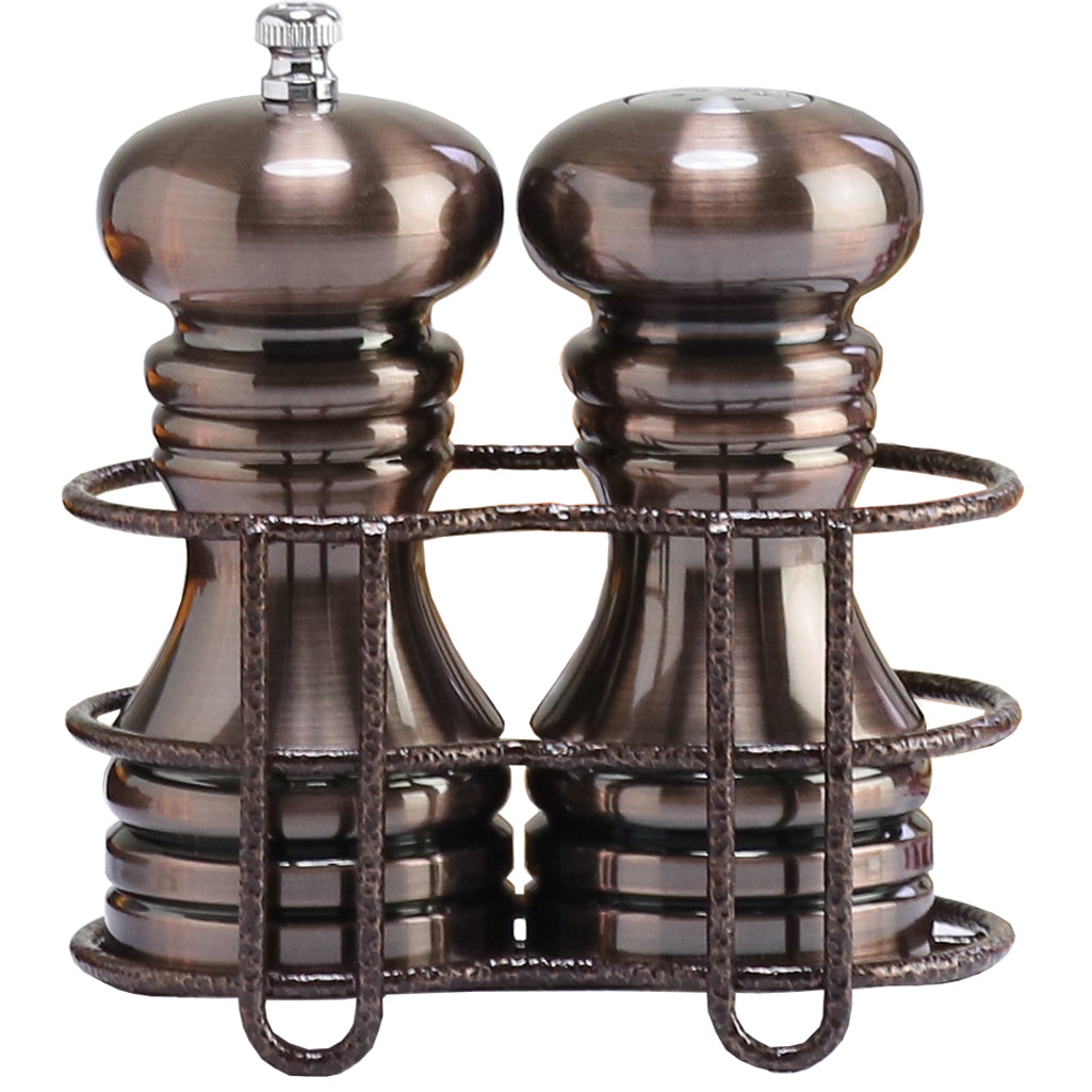5 Inch Burnished Copper Pepper Mill and Salt Shaker Set with Rack 90055
