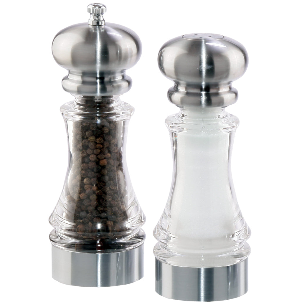 7 Inch Acrylic Pepper Mill and Salt Shaker Set with Brushed Stainless Accents 96851