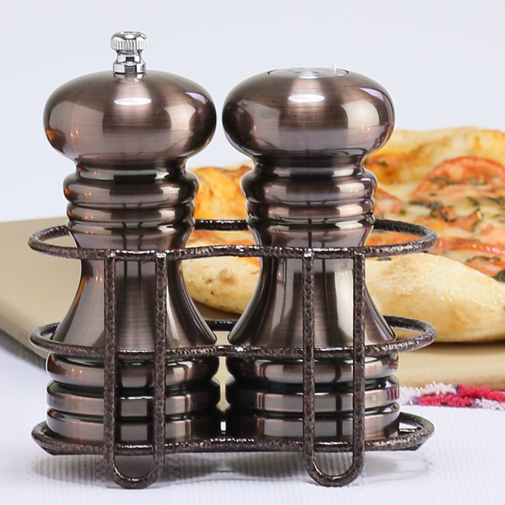 5 Inch Burnished Copper Pepper Mill and Salt Shaker Set with Rack 90055
